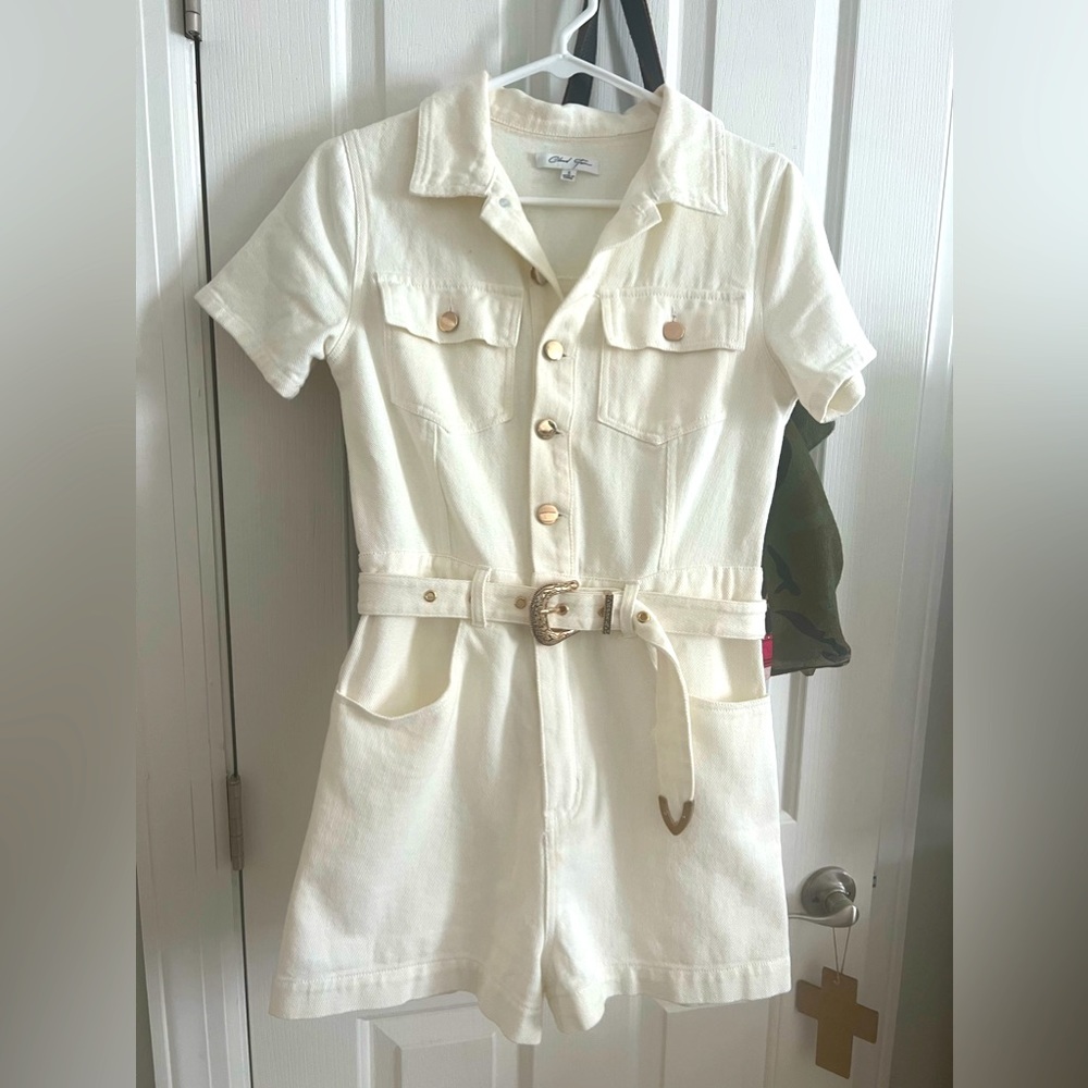 Women’s Size Small Cream Short Jumpsuit with Gold accents.